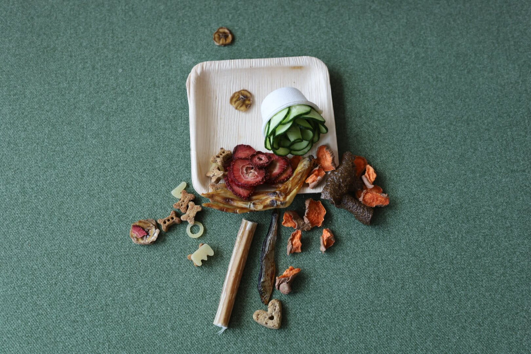 Bone Appetit Barkuterie Board from Artisan Eats, featuring a selection of dog-friendly goodies on a palm leaf plate, perfect for events in Columbus, Ohio.
